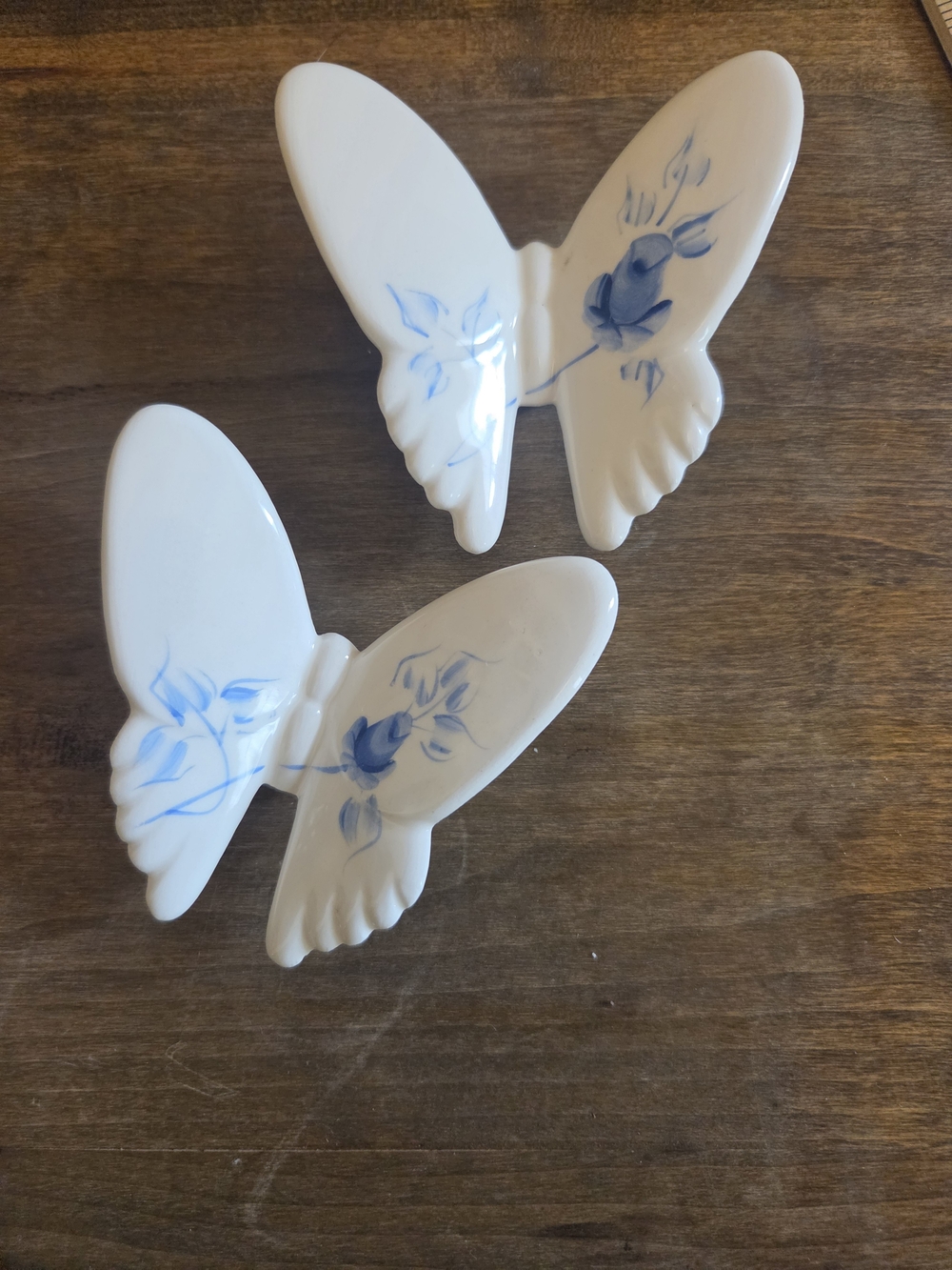 White Porcelain Butterfly Wall Accent with Blue Floral Detail